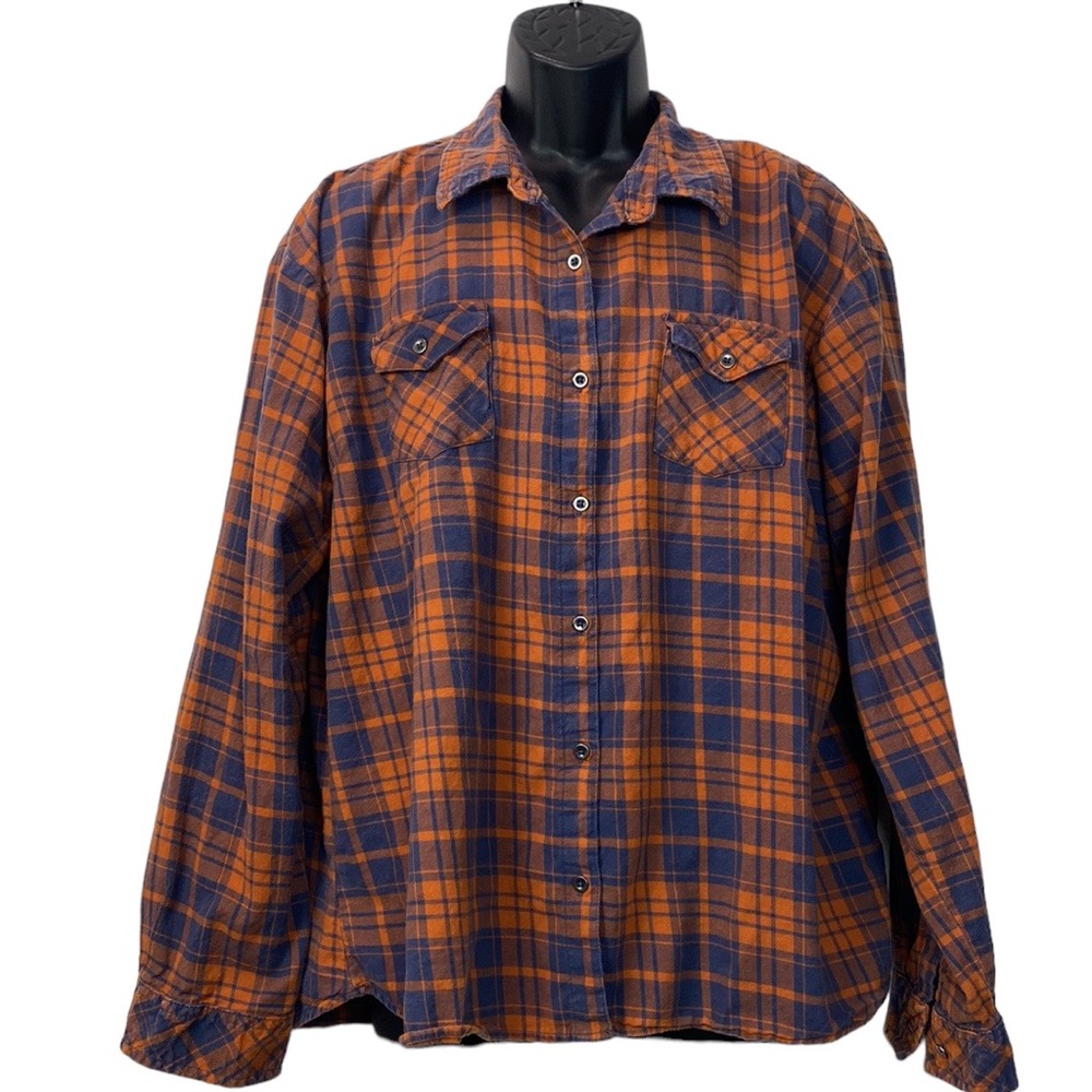 Canyon Guide Outfitters, Orange & Navy Blue Long Sleeve Flannel, Women's XXL